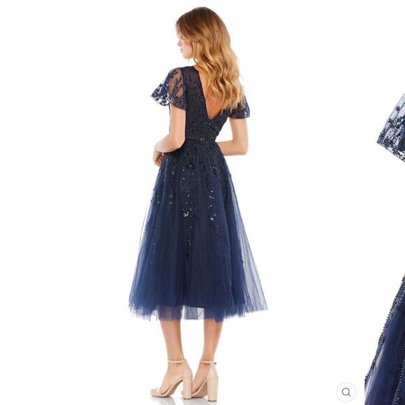 Mac Duggal 10806 Womens EMBELLISHED FLUTTER SLEEVE TEA-LENGTH DRESS - Picture 4 of 15